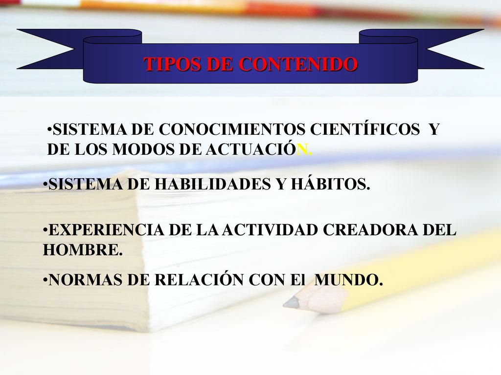 TIPOS DE CONTENIDO SISTEMA DE CONOCIMIENTOS CIENTÍFICOS Y DE LOS MODOS DE ACTUACIÓN. SISTEMA DE HABILIDADES Y HÁBITOS.