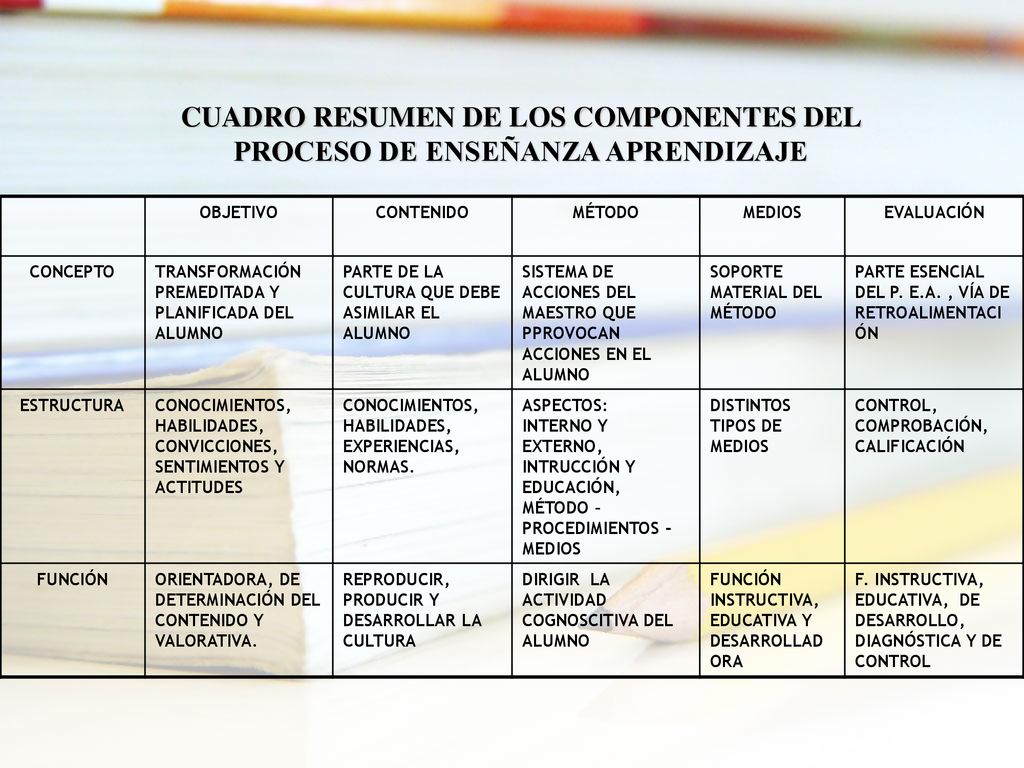 CUADRO RESUMEN DE LOS COMPONENTES DEL PROCESO DE ENSEÑANZA APRENDIZAJE
