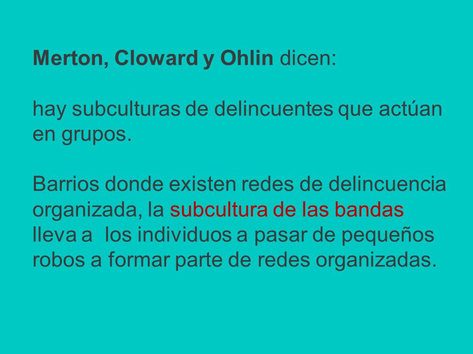Merton, Cloward y Ohlin dicen: hay subculturas de delincuentes que actúan en grupos.