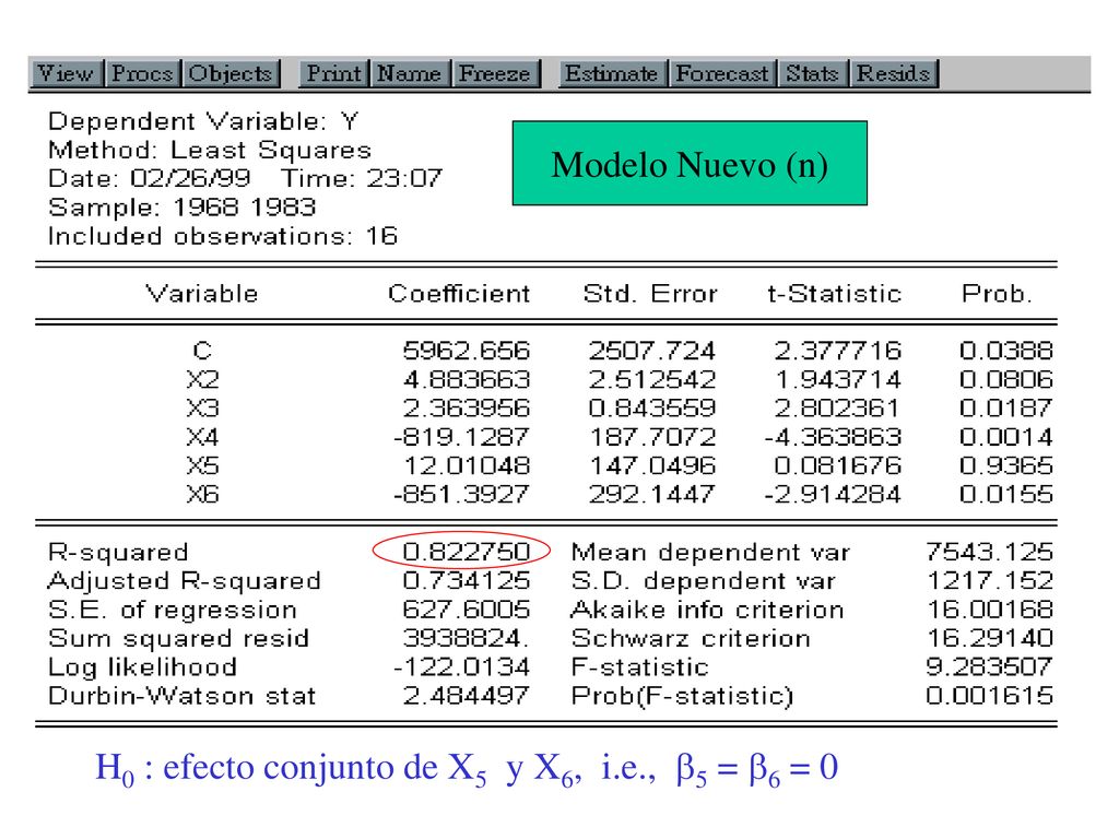 Modelo Nuevo (n) H0 : efecto conjunto de X5 y X6, i.e., 5 = 6 = 0