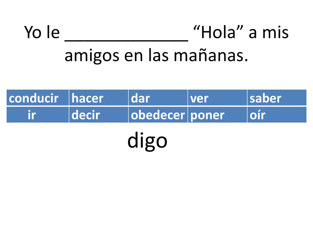 Yo le _____________ Hola a mis amigos en las mañanas.