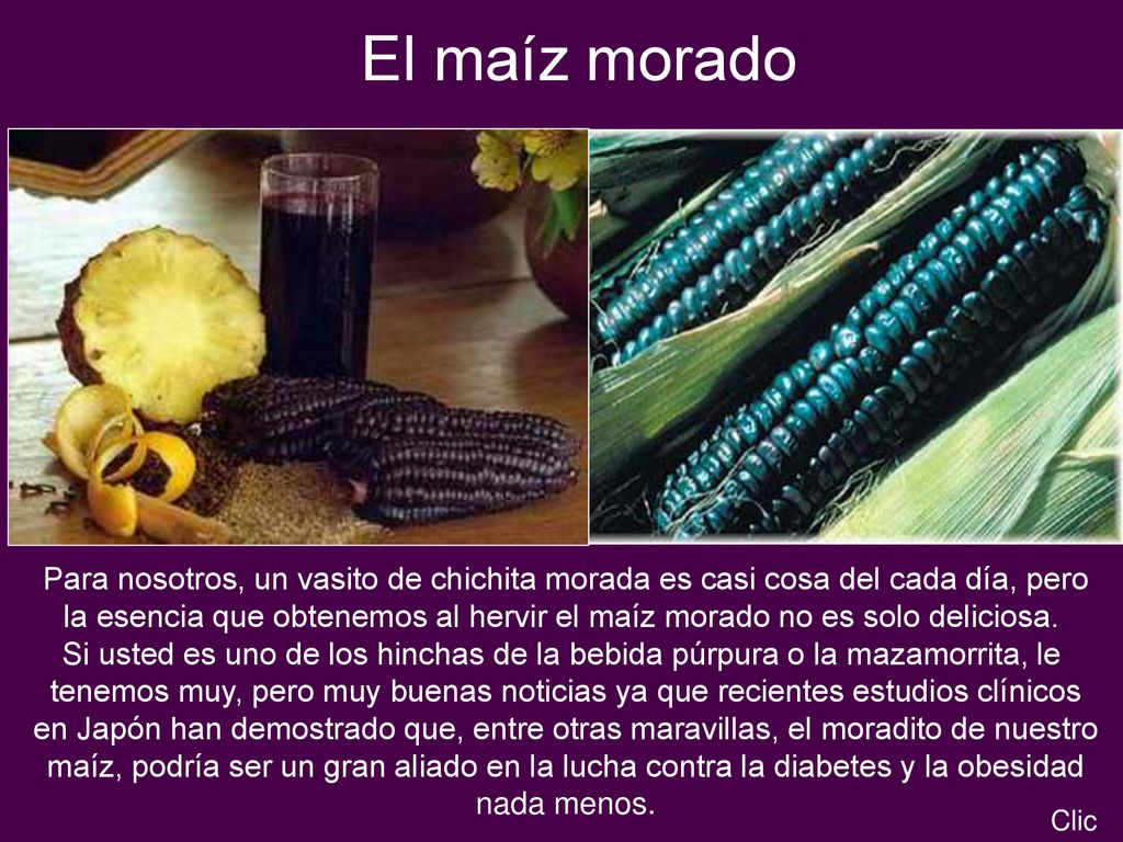 El maíz morado Para nosotros, un vasito de chichita morada es casi cosa del cada día, pero.