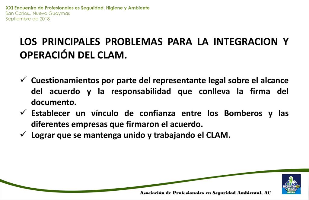 LOS PRINCIPALES PROBLEMAS PARA LA INTEGRACION Y OPERACIÓN DEL CLAM.
