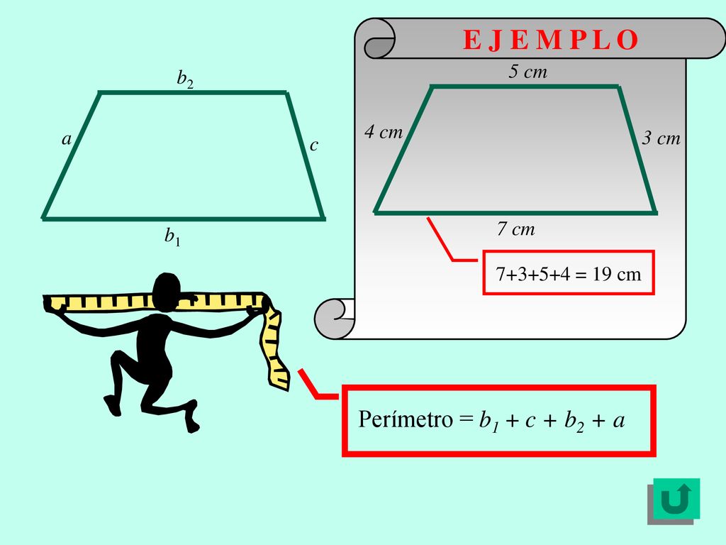 E J E M P L O Perímetro = b1 + c + b2 + a 4 cm 5 cm 7 cm 3 cm b2 a c