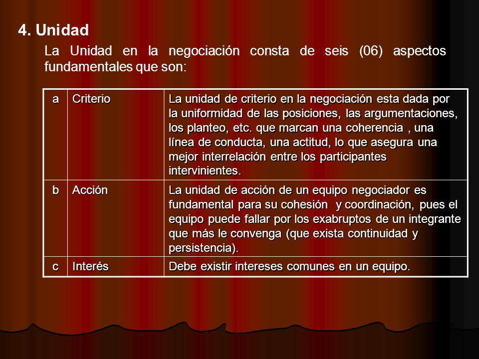4. Unidad La Unidad en la negociación consta de seis (06) aspectos fundamentales que son: a. Criterio.