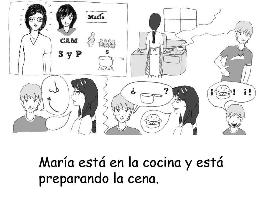 María está en la cocina y está preparando la cena.