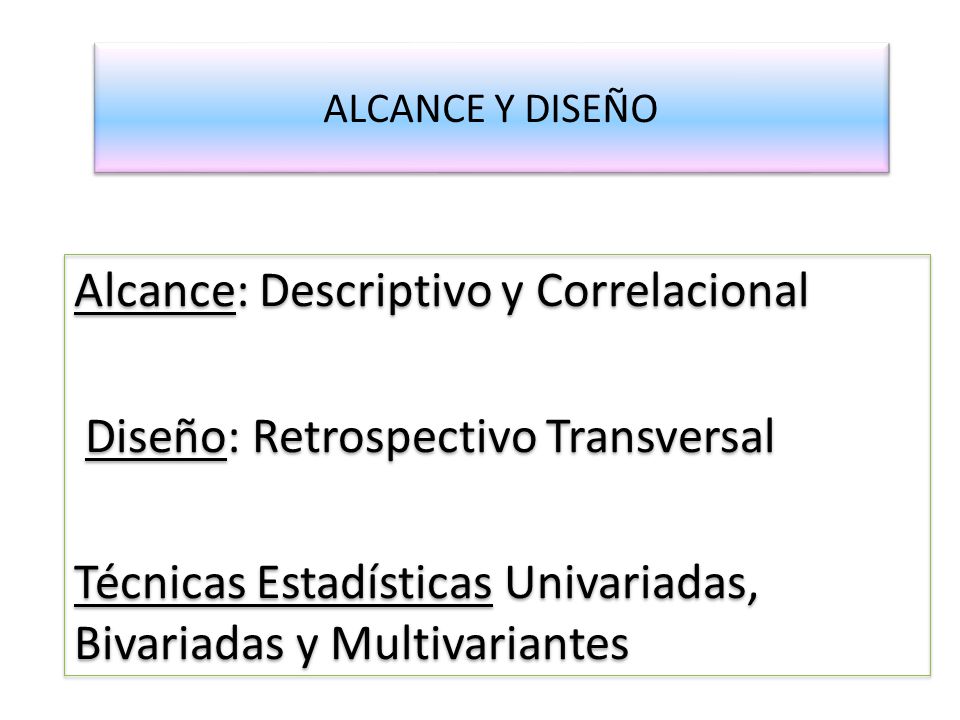 Alcance: Descriptivo y Correlacional Diseño: Retrospectivo Transversal