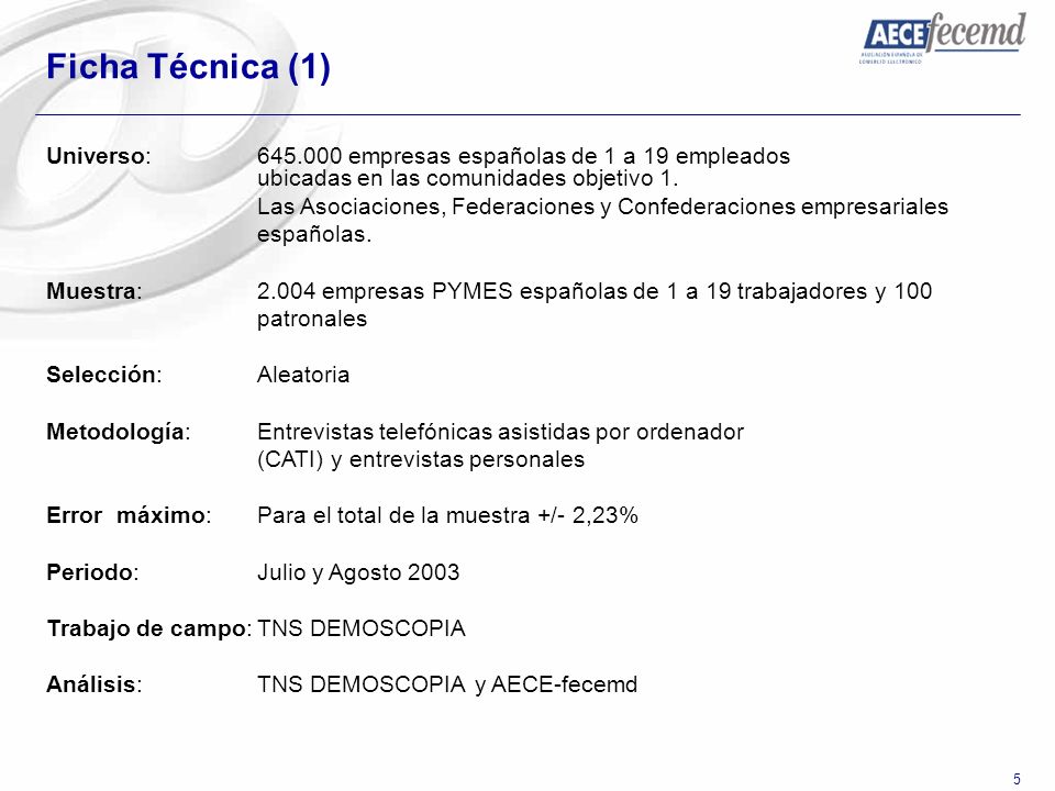 Ficha Técnica (1) Universo: empresas españolas de 1 a 19 empleados ubicadas en las comunidades objetivo 1.