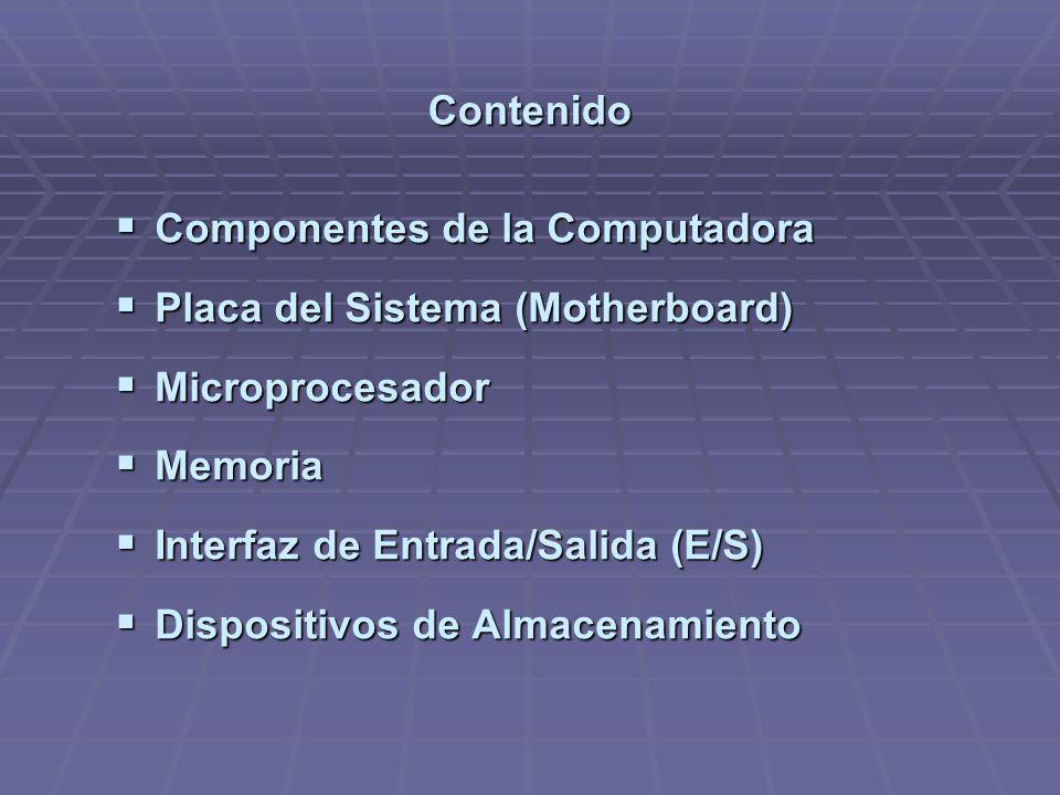 Contenido Componentes de la Computadora. Placa del Sistema (Motherboard) Microprocesador. Memoria.