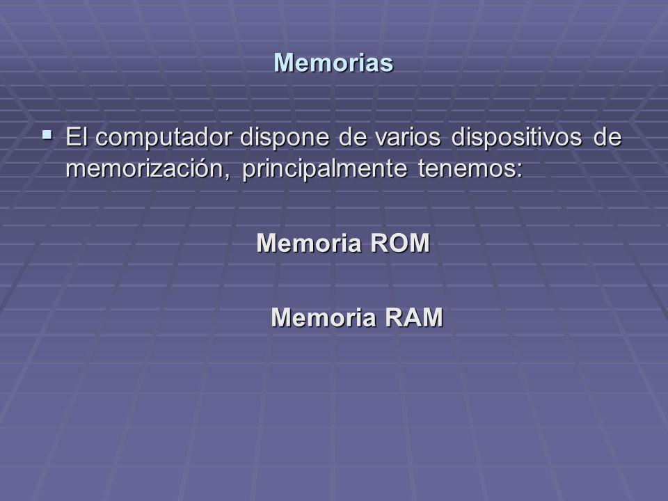 Memorias El computador dispone de varios dispositivos de memorización, principalmente tenemos: Memoria ROM.