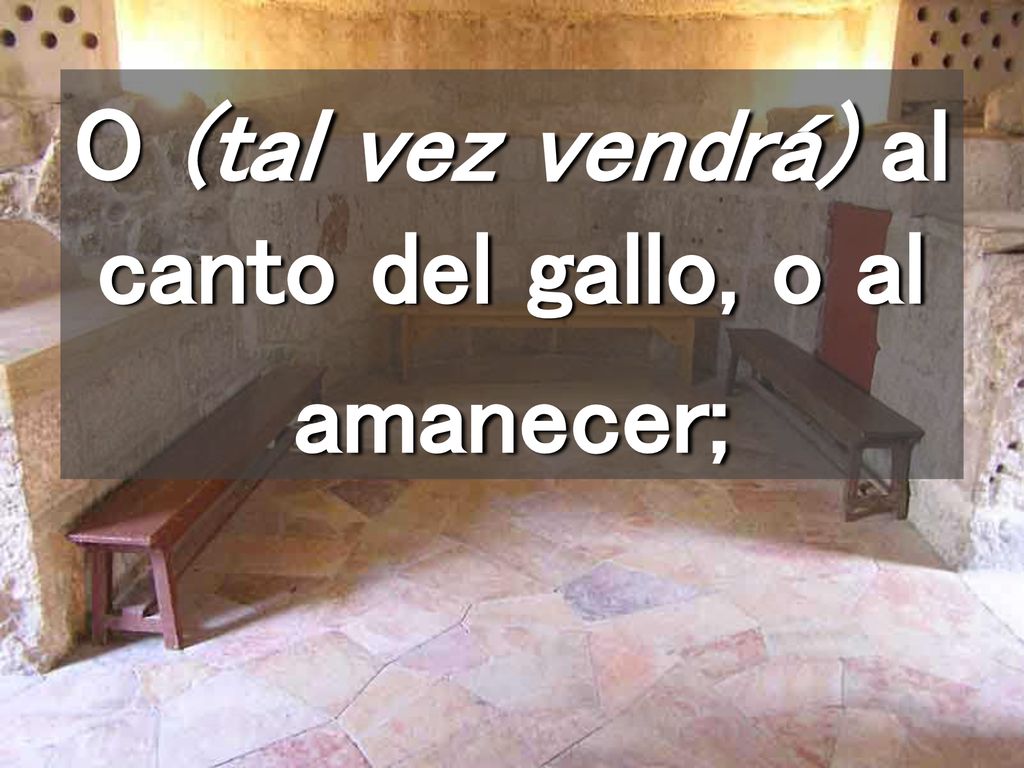 O (tal vez vendrá) al canto del gallo, o al amanecer;