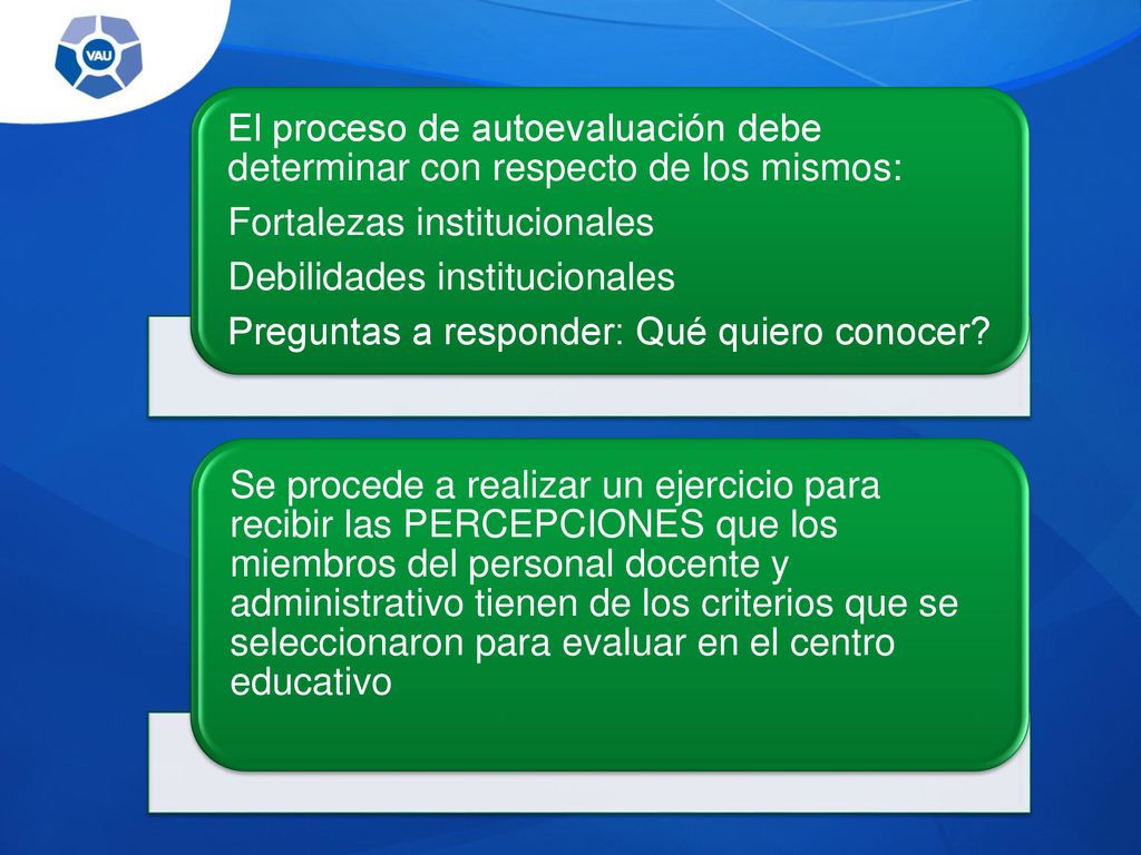 El proceso de autoevaluación debe determinar con respecto de los mismos: