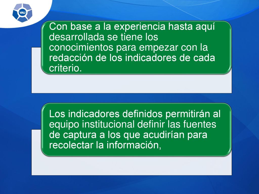 Con base a la experiencia hasta aquí desarrollada se tiene los conocimientos para empezar con la redacción de los indicadores de cada criterio.