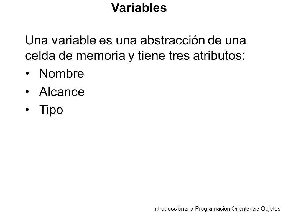 Variables Una variable es una abstracción de una celda de memoria y tiene tres atributos: Nombre. Alcance.