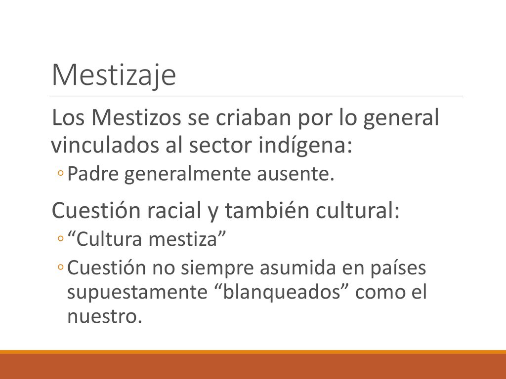 Mestizaje Los Mestizos se criaban por lo general vinculados al sector indígena: Padre generalmente ausente.