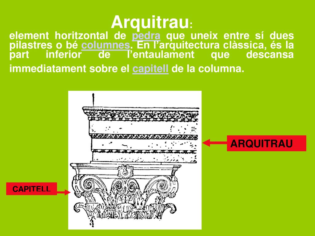 Arquitrau: element horitzontal de pedra que uneix entre sí dues pilastres o bé columnes. En l’arquitectura clàssica, és la part inferior de l’entaulament que descansa immediatament sobre el capitell de la columna.