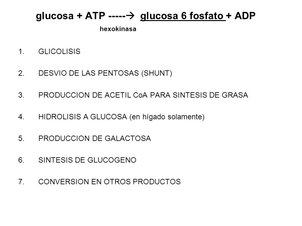 glucosa + ATP ----- glucosa 6 fosfato + ADP hexokinasa