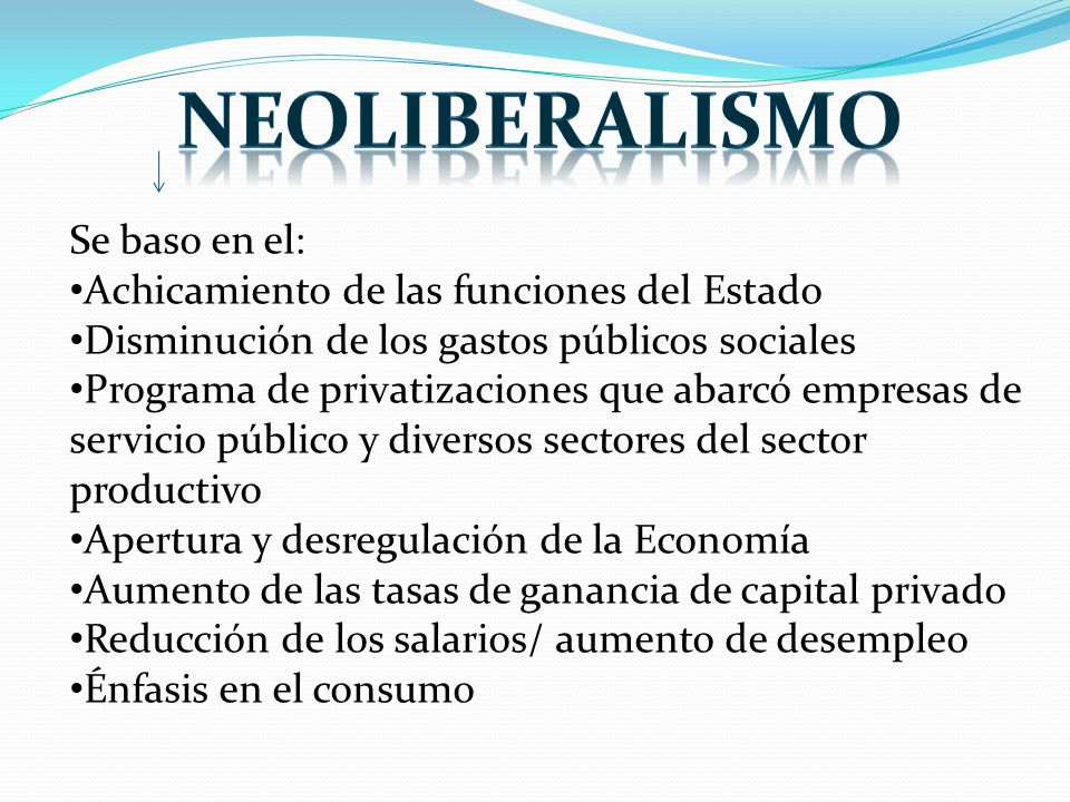 neoliberalismo Se baso en el: Achicamiento de las funciones del Estado