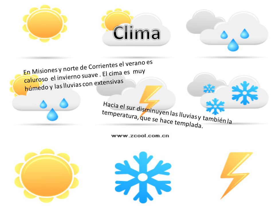 Clima En Misiones y norte de Corrientes el verano es caluroso el invierno suave . El cima es muy húmedo y las lluvias con extensivas.