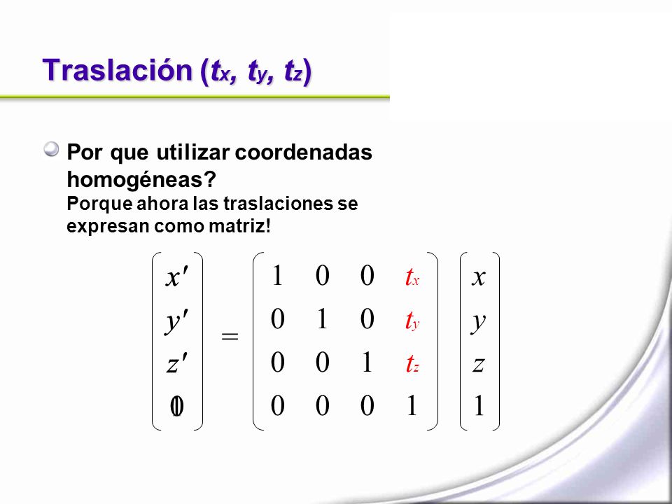 Traslación (tx, ty, tz) x y z 1 x y z tx ty tz 1 x y z 1 =