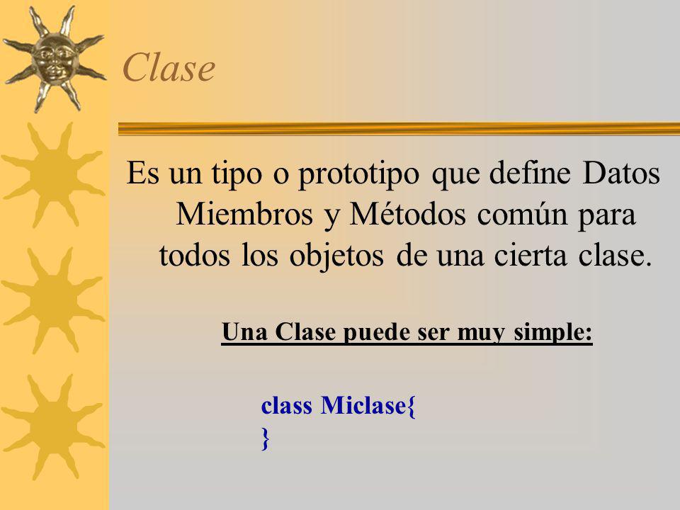 Clase Es un tipo o prototipo que define Datos Miembros y Métodos común para todos los objetos de una cierta clase.