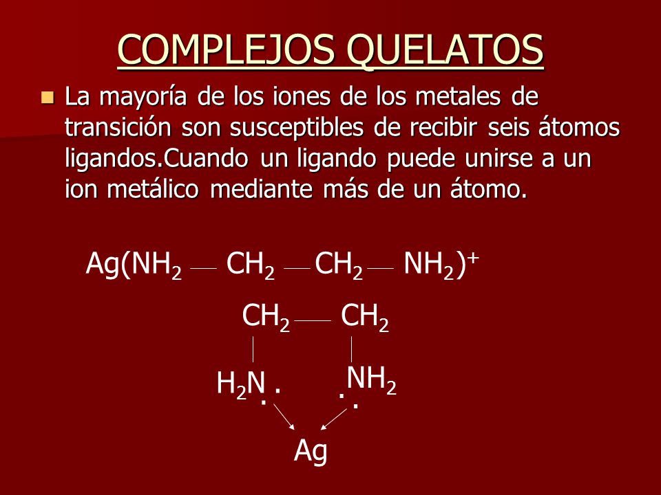 COMPLEJOS QUELATOS Ag(NH2 CH2 CH2 NH2 )+ CH2 CH2 NH2 H2N Ag