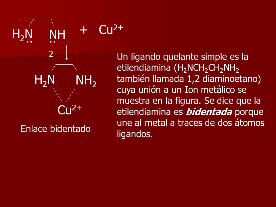 + Cu2+ H2N NH H2N . NH2 Cu2+ Un ligando quelante simple es la