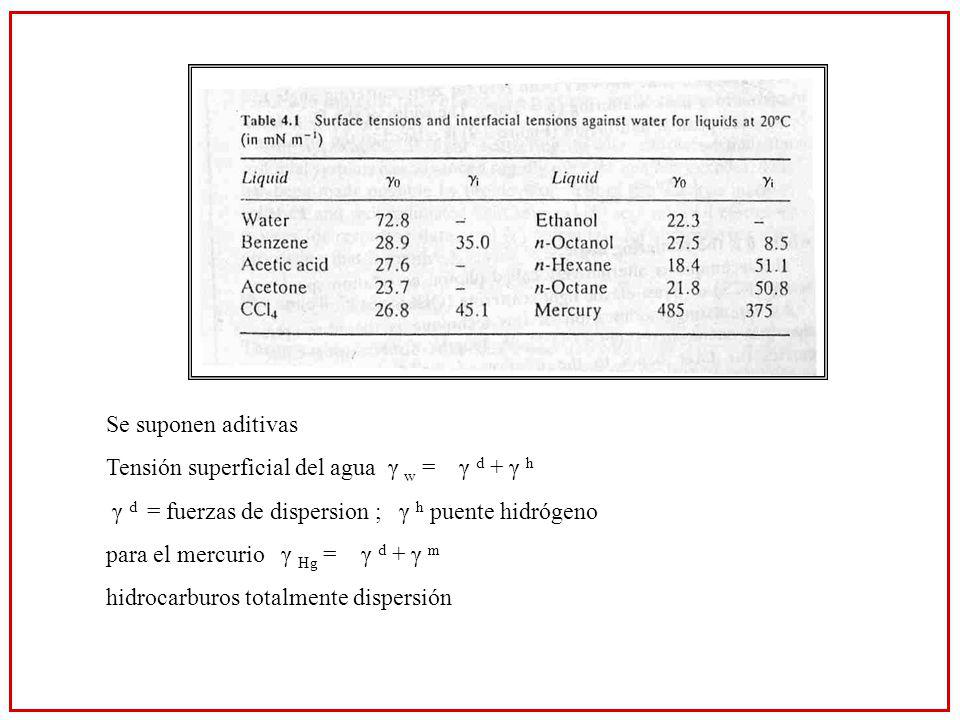 Se suponen aditivas Tensión superficial del agua γ w = γ d + γ h. γ d = fuerzas de dispersion ; γ h puente hidrógeno.