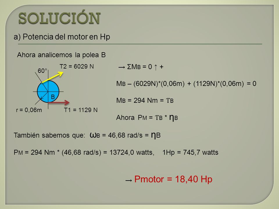 SOLUCIÓN a) Potencia del motor en Hp Ahora analicemos la polea B