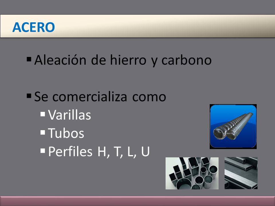 ACERO Aleación de hierro y carbono Se comercializa como Varillas Tubos Perfiles H, T, L, U
