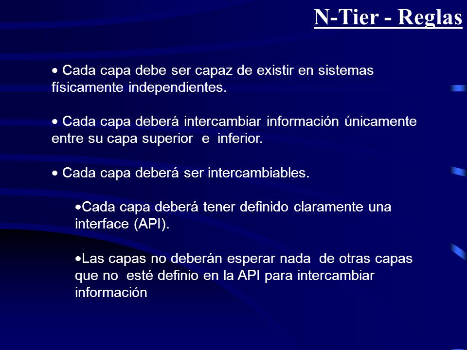 N-Tier - Reglas Cada capa debe ser capaz de existir en sistemas físicamente independientes.