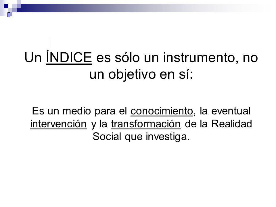 Un ÍNDICE es sólo un instrumento, no un objetivo en sí: Es un medio para el conocimiento, la eventual intervención y la transformación de la Realidad Social que investiga.