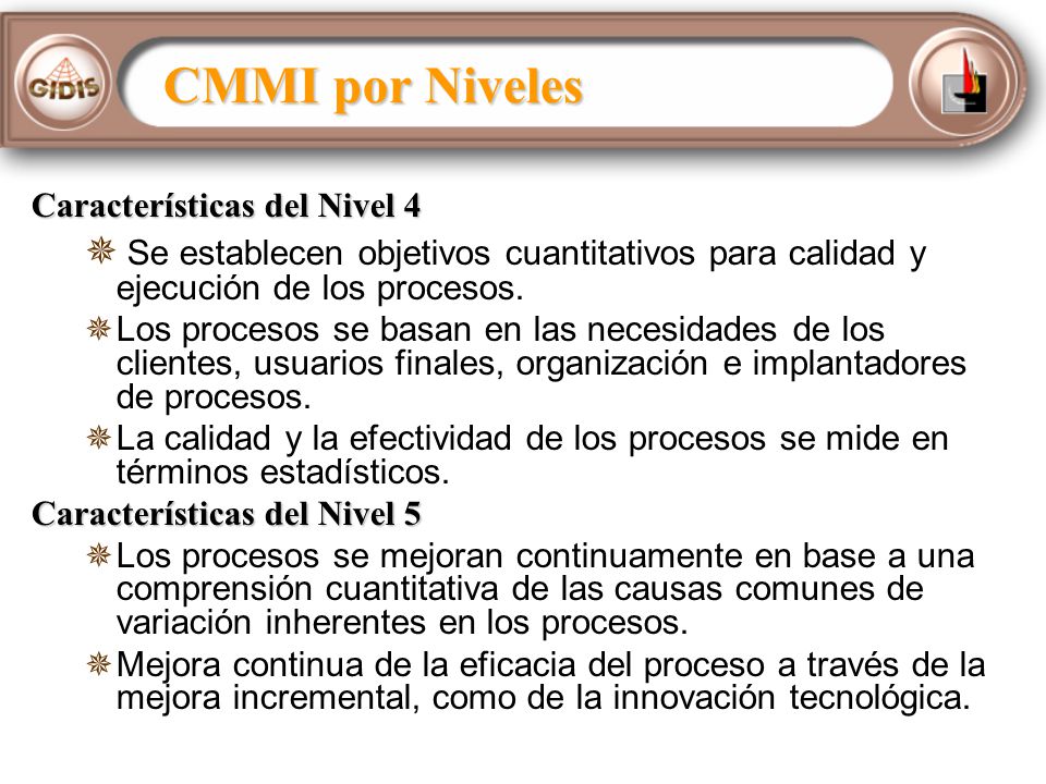 CMMI por Niveles Características del Nivel 4. Se establecen objetivos cuantitativos para calidad y ejecución de los procesos.