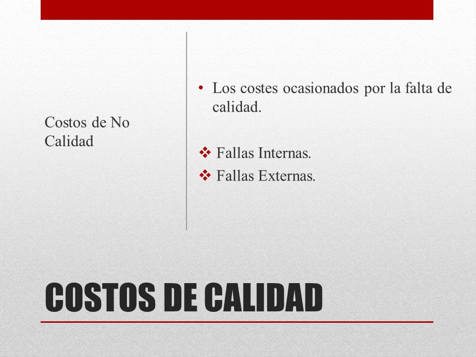 COSTOS DE CALIDAD Los costes ocasionados por la falta de calidad.