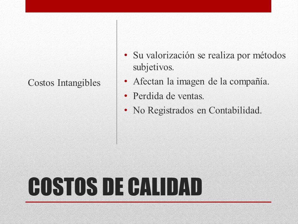 COSTOS DE CALIDAD Su valorización se realiza por métodos subjetivos.