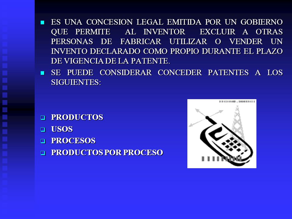 ES UNA CONCESION LEGAL EMITIDA POR UN GOBIERNO QUE PERMITE AL INVENTOR EXCLUIR A OTRAS PERSONAS DE FABRICAR UTILIZAR O VENDER UN INVENTO DECLARADO COMO PROPIO DURANTE EL PLAZO DE VIGENCIA DE LA PATENTE.