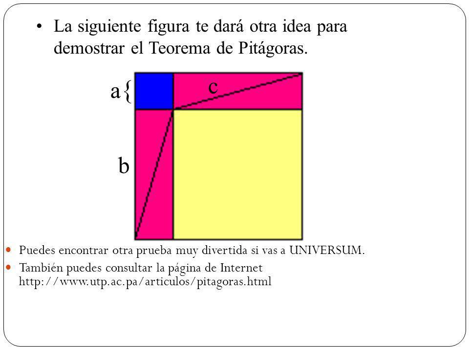 La siguiente figura te dará otra idea para demostrar el Teorema de Pitágoras.