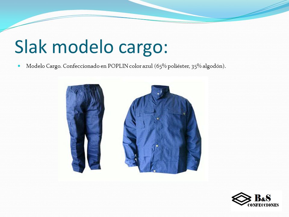 Slak modelo cargo: Modelo Cargo. Confeccionado en POPLIN color azul (65% poliéster, 35% algodón).