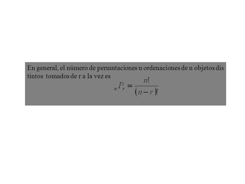 En general, el número de permutaciones u ordenaciones de n objetos dis