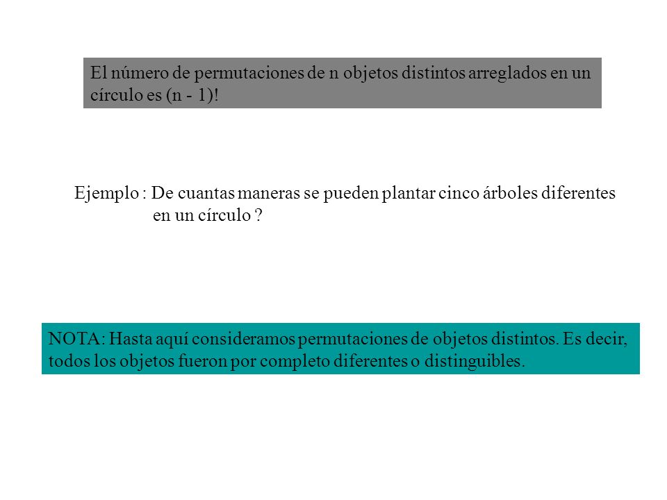 El número de permutaciones de n objetos distintos arreglados en un
