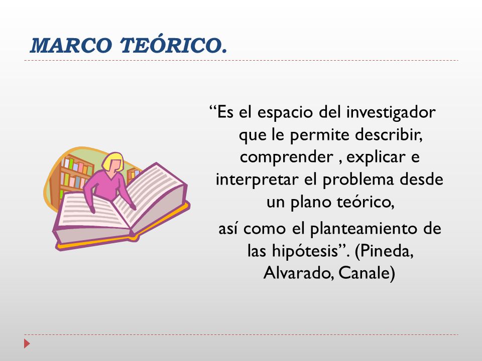 MARCO TEÓRICO. Es el espacio del investigador que le permite describir, comprender , explicar e interpretar el problema desde un plano teórico,