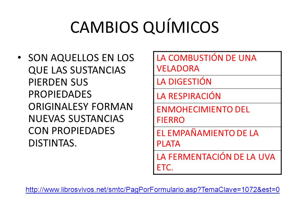 CAMBIOS QUÍMICOS SON AQUELLOS EN LOS QUE LAS SUSTANCIAS PIERDEN SUS PROPIEDADES ORIGINALESY FORMAN NUEVAS SUSTANCIAS CON PROPIEDADES DISTINTAS.