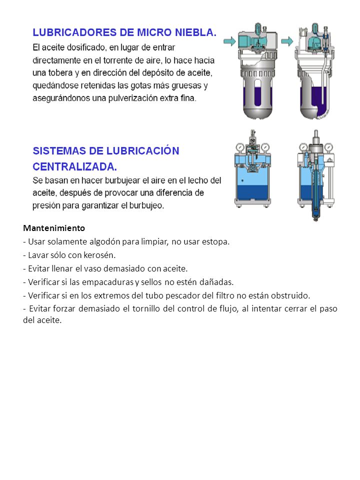 Mantenimiento - Usar solamente algodón para limpiar, no usar estopa. - Lavar sólo con kerosén. - Evitar llenar el vaso demasiado con aceite.