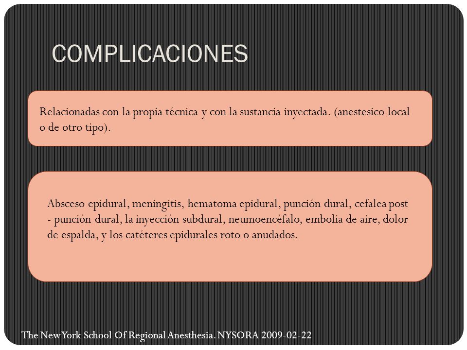 COMPLICACIONES Relacionadas con la propia técnica y con la sustancia inyectada. (anestesico local o de otro tipo).