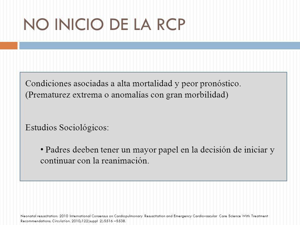 NO INICIO DE LA RCP Condiciones asociadas a alta mortalidad y peor pronóstico. (Prematurez extrema o anomalías con gran morbilidad)
