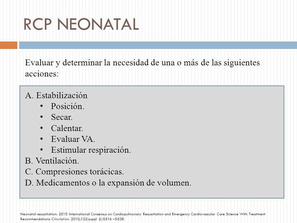 RCP NEONATAL Evaluar y determinar la necesidad de una o más de las siguientes acciones: Estabilización.