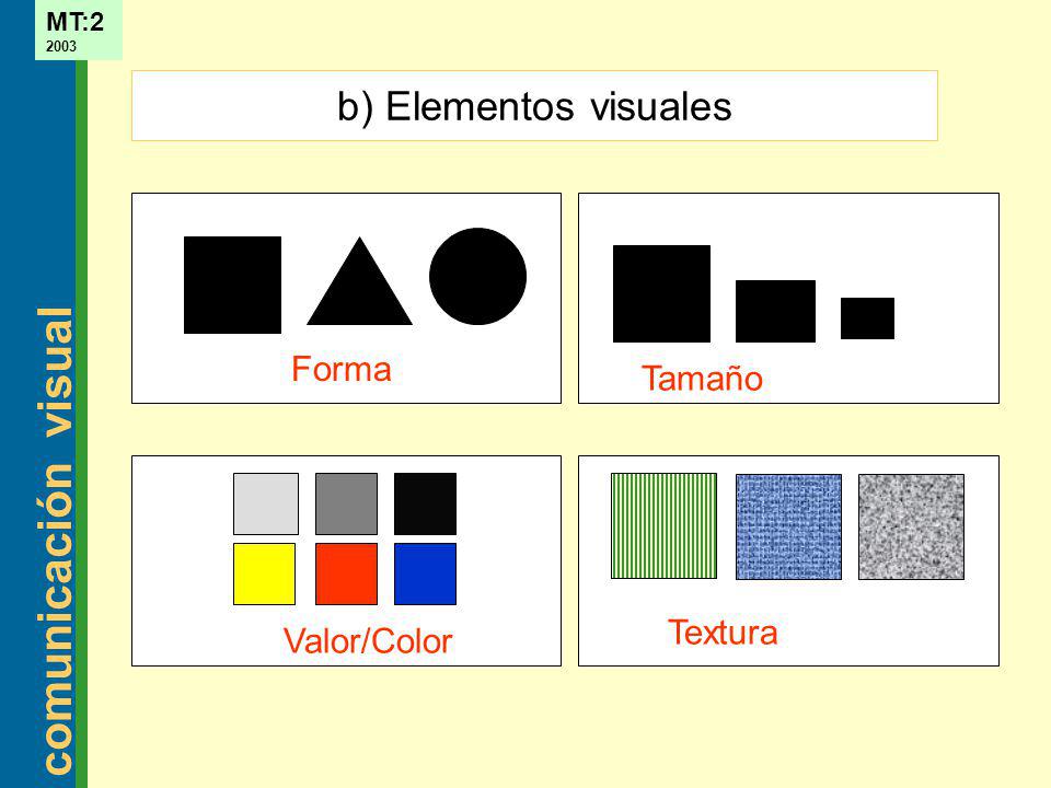 b) Elementos visuales Forma Tamaño Textura Valor/Color