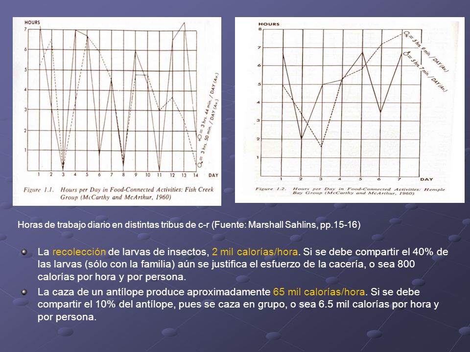 Horas de trabajo diario en distintas tribus de c-r (Fuente: Marshall Sahlins, pp.15-16)