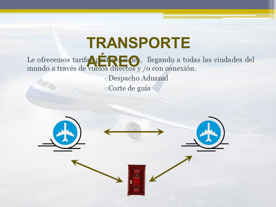 TRANSPORTE AÉREO Le ofrecemos tarifas preferenciales, llegando a todas las ciudades del mundo a través de vuelos directos y /o con conexión.