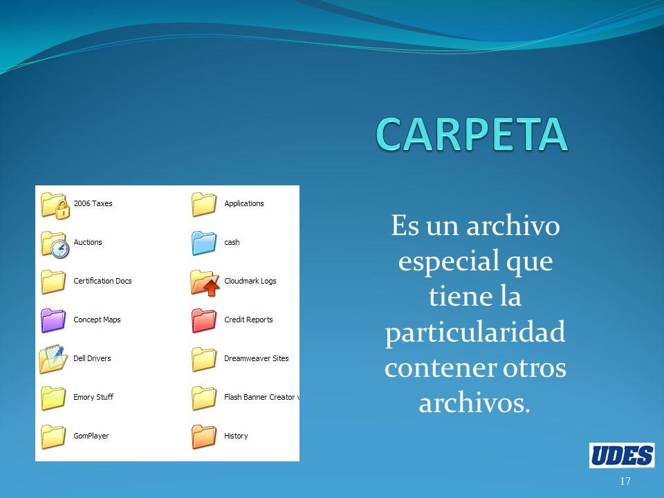 CARPETA Es un archivo especial que tiene la particularidad contener otros archivos.